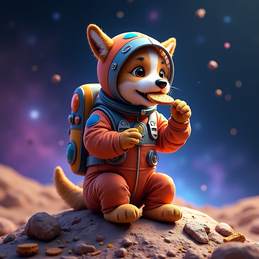 Dog Astronaut Eats Biscuit in Space, Digital Painting