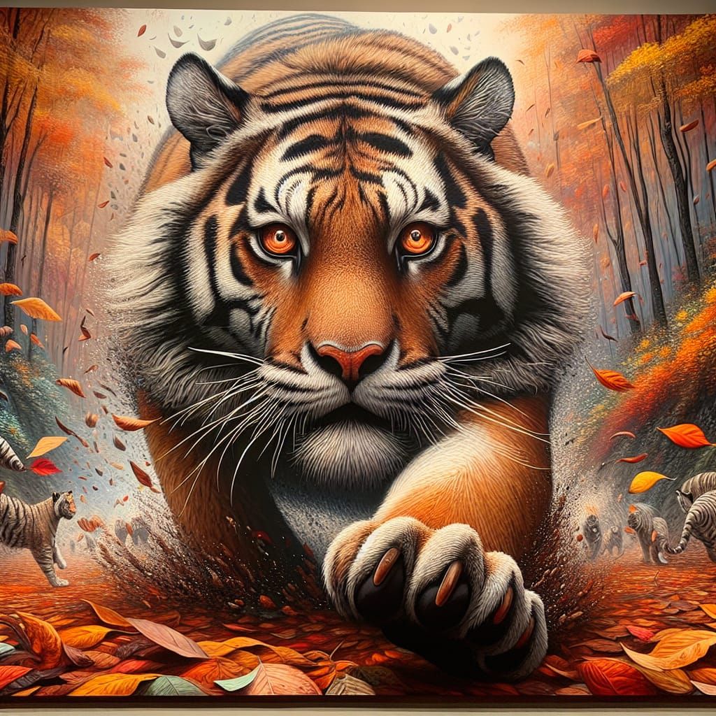 Tiger Charging Out of Autumn Landscape in Impressive Oil Pai...