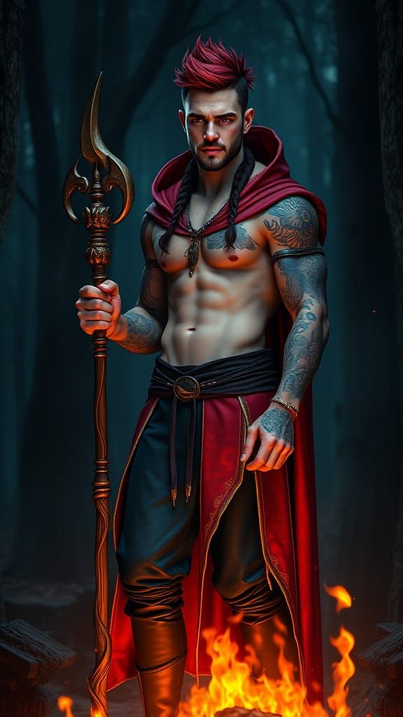 Magnificent Alpha Male Summoning Flames in Dark Magical Fore...