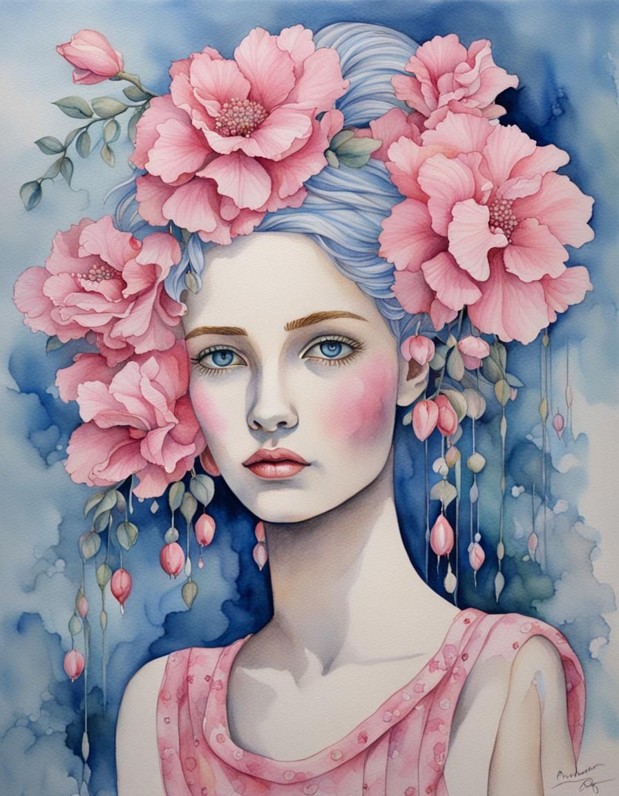 Mannequin in Pink with Flowers, Watercolor Style