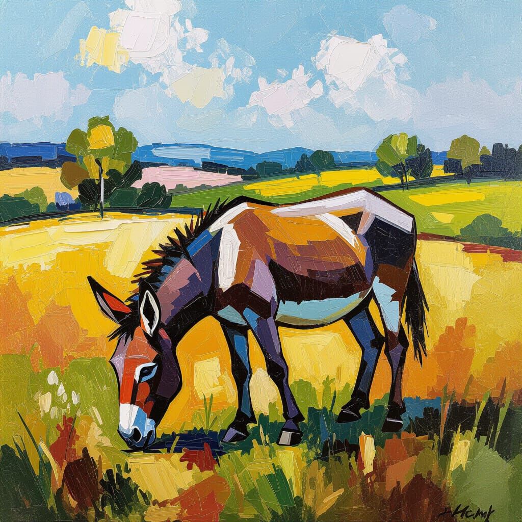 Donkey Grazing in Field Neo-Impressionist Oil Painting