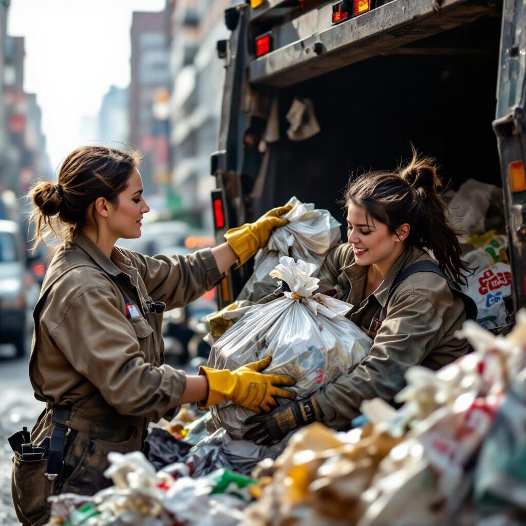 Woman Throws Person into Garbage Truck: Urban Photography