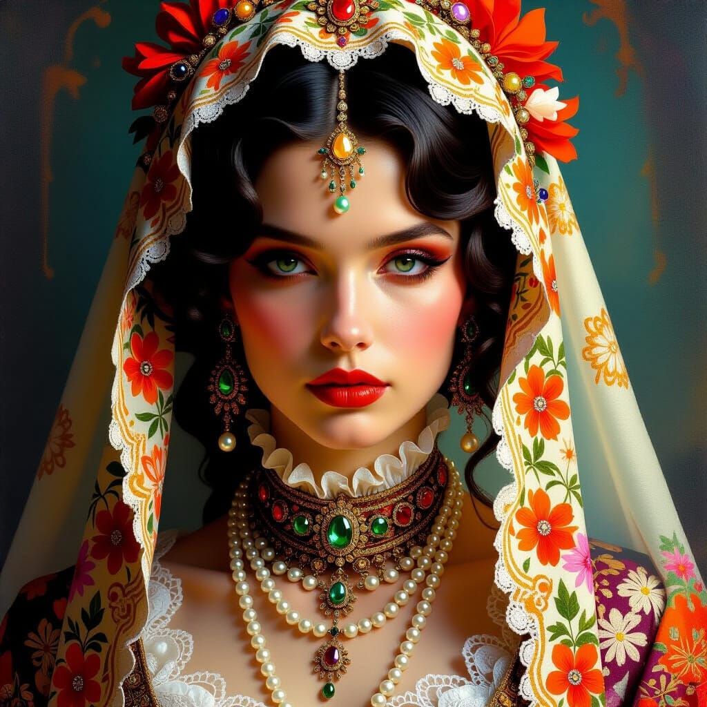 Ornate Woman in Hyper-Realistic Oil Painting Style
