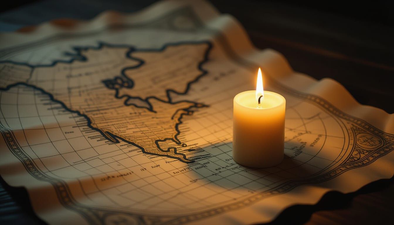 Single Candle Flame in Darkness with Faint Map Outlines