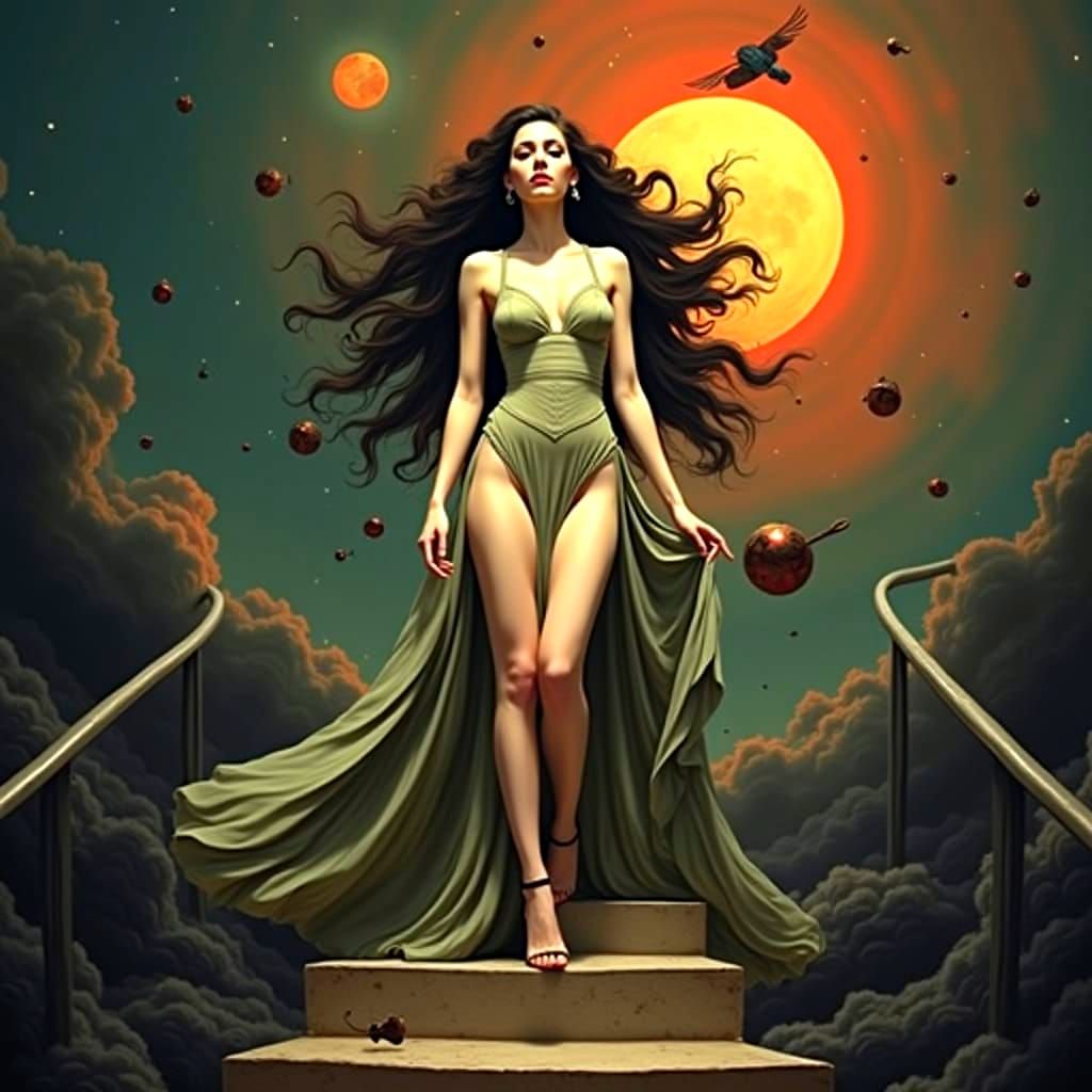 Elegant Woman on Spiral Staircase in Hyperrealistic Art