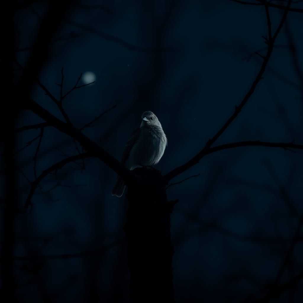 Nightingale in Forest Under Dark Night Sky