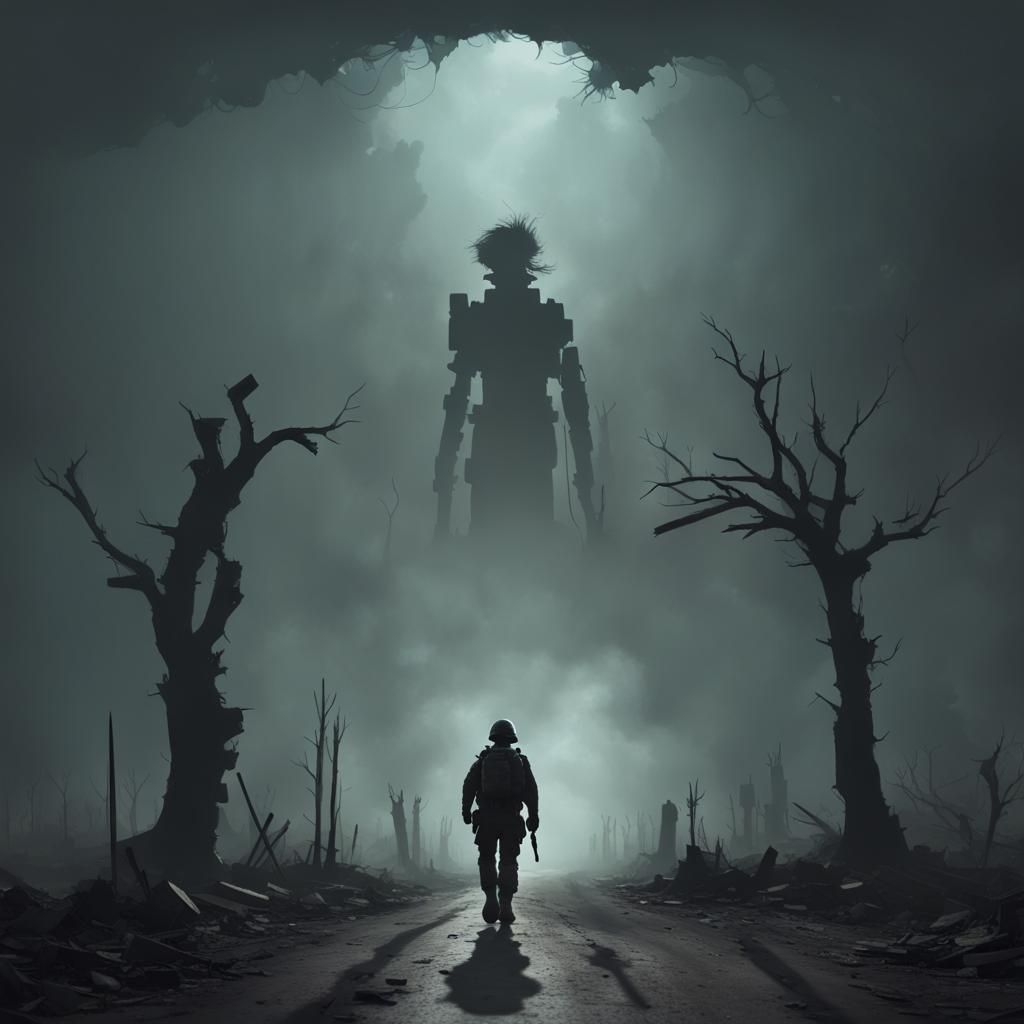 Post-Apocalyptic Soldier Approaching Monolithic Silhouette