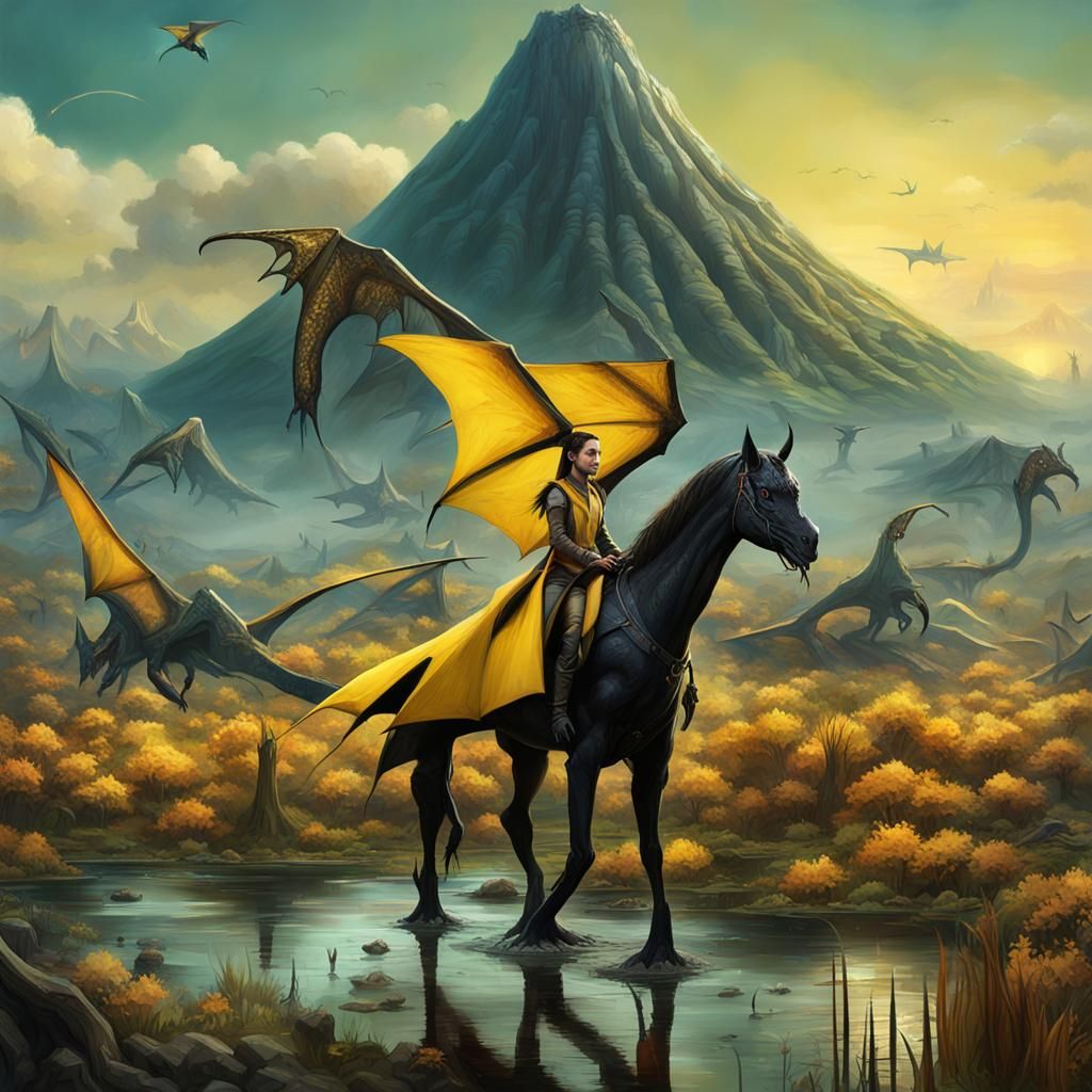 Girl Rides Pterodactyl Over Prehistoric Landscape