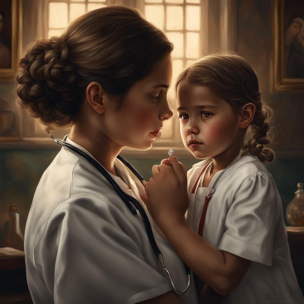 Nurse Examines Child: Hyperrealistic Fine Art Portrait