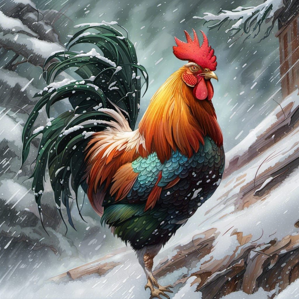 Colorful Rooster in Snowstorm: Detailed Digital Art