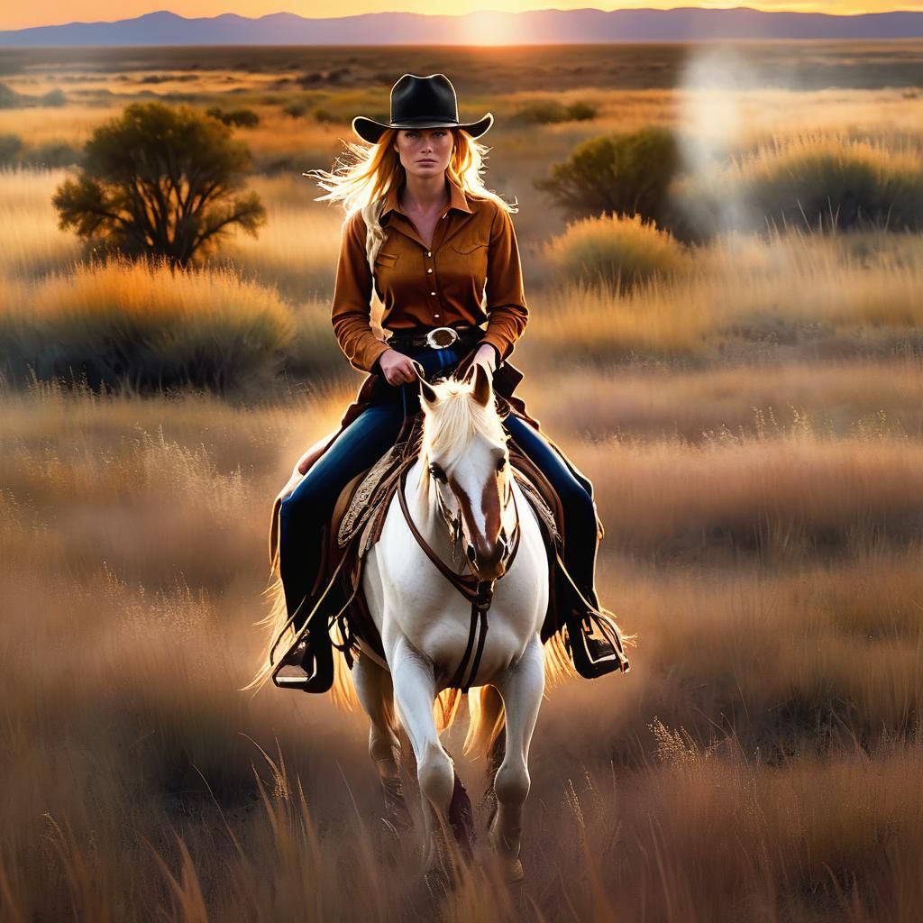 Woman Rides Horse Through Prairie at Sunset