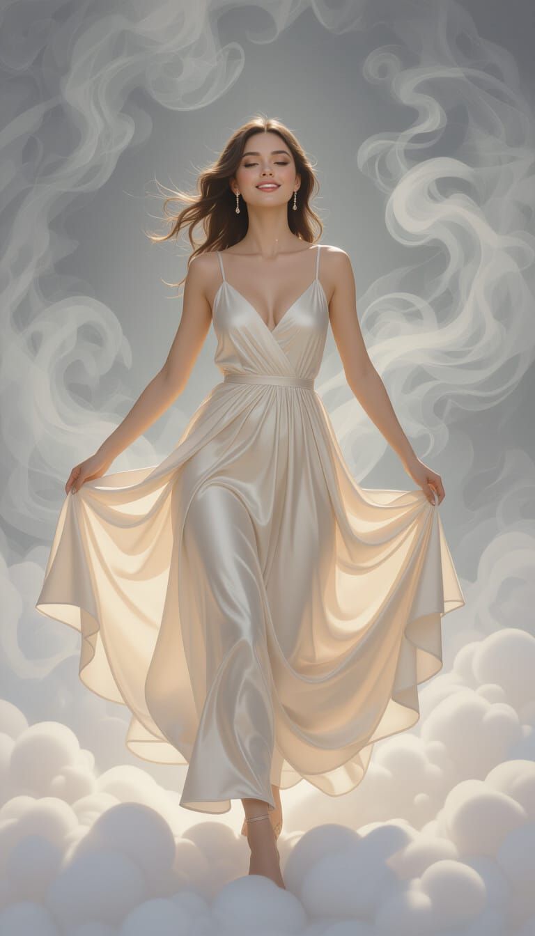 Woman Dancing on Cloud in Smoky Charcoal Drawing Style