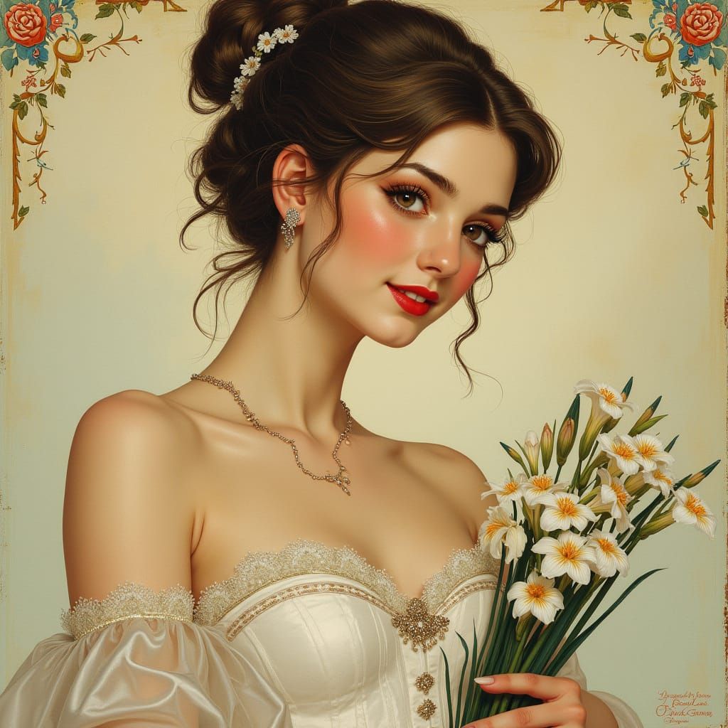 Elegant Woman with Iris Bouquet in Art Nouveau Style