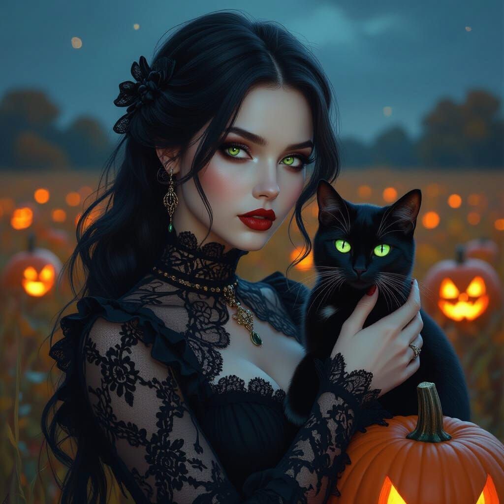 Goth Woman Holding Black Cat in Moonlit Pumpkin Field