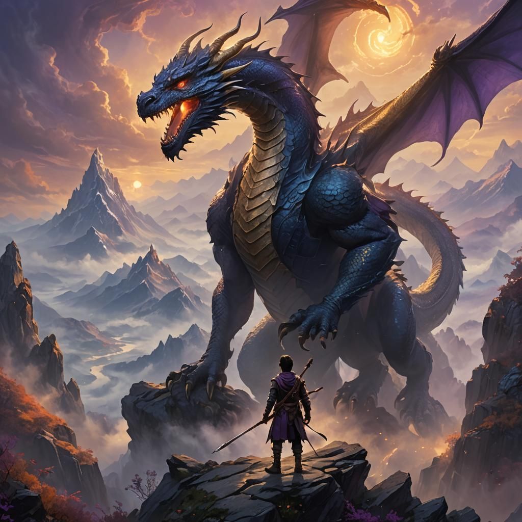 Adventurer and Dragon in Golden Light