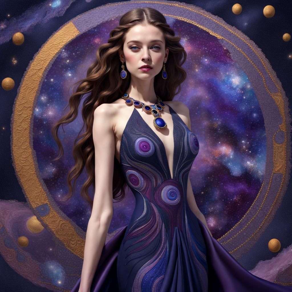 Cosmic Gown: Radiant Lady in Klimt-Inspired 3D Art