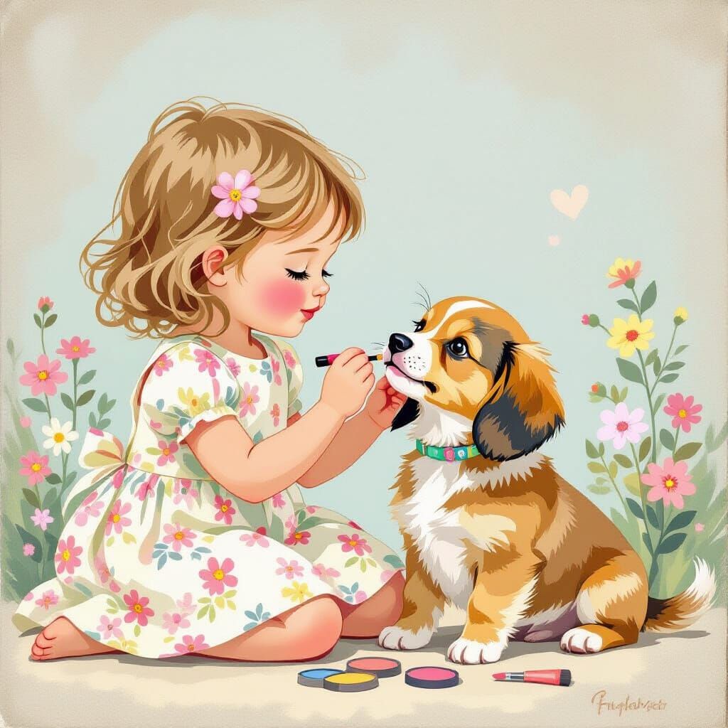 Girl Applies Makeup to Golden Retriever Dachshund Puppy