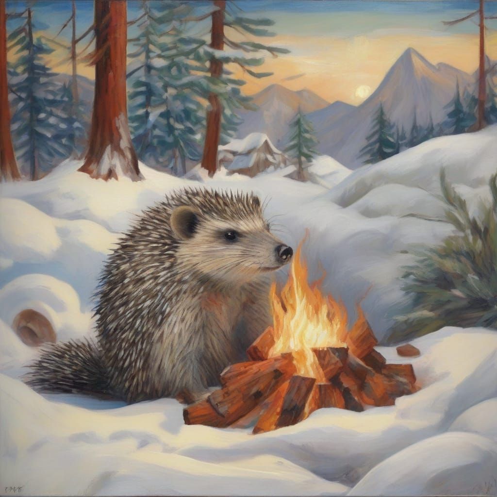 Surreal Winter Scene of Hedgehog in Alpine Campsite