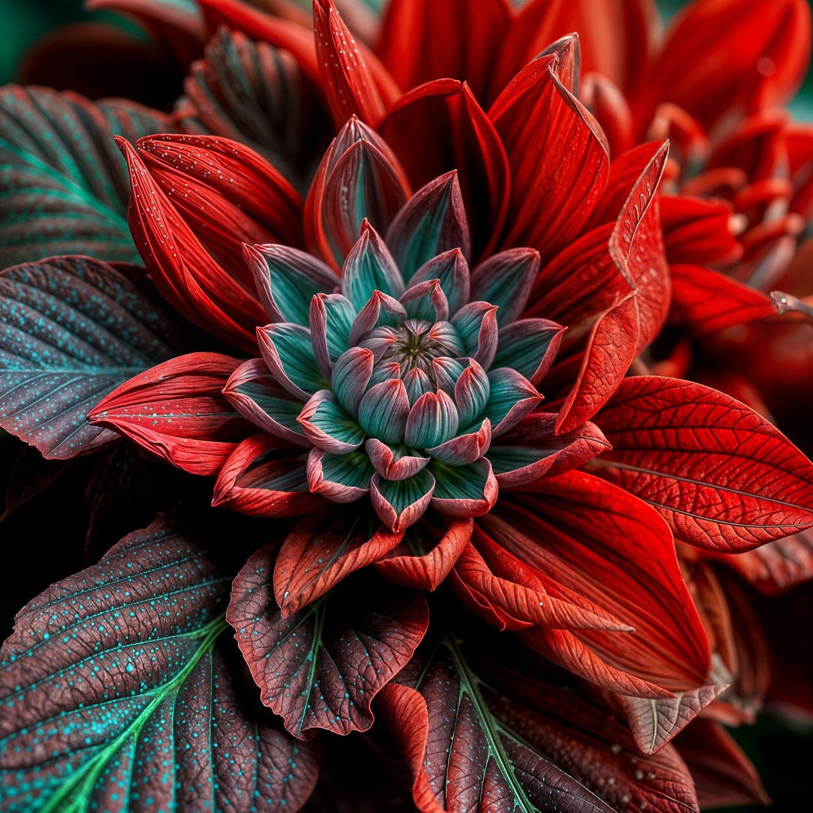 Hyper-Realistic Red and Turquoise Flower Landscape in High D...