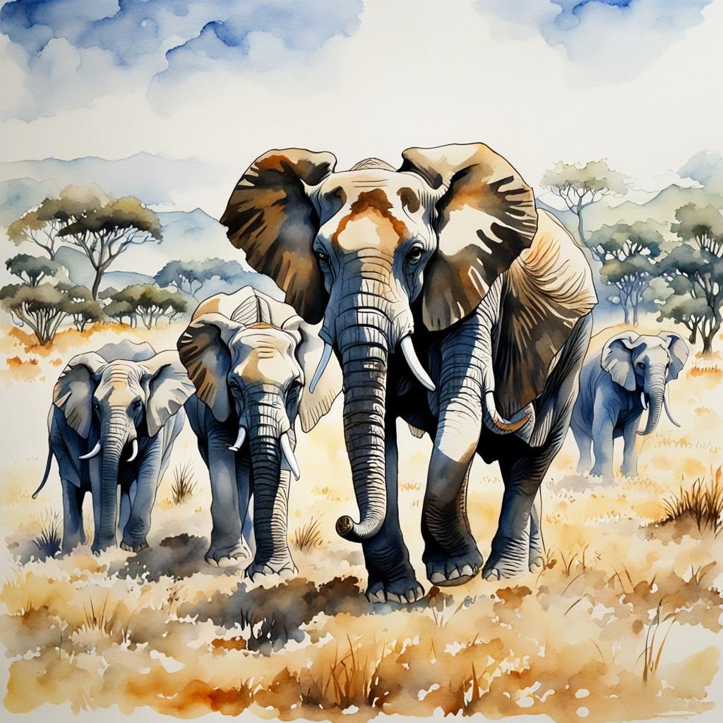 Elephants on the Savannah: Watercolor and Ink Painting