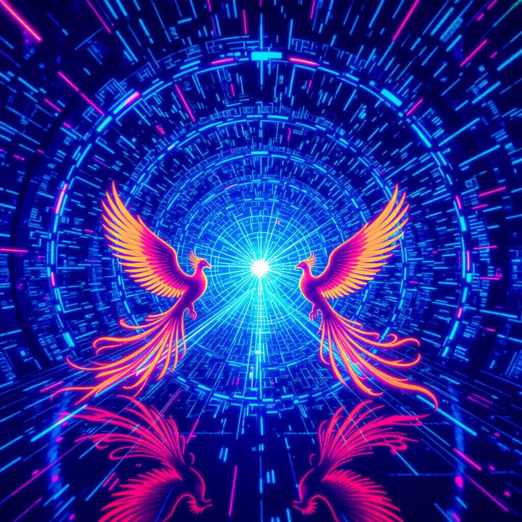 Synthwave Phoenixes in Neon Vortex Over Crystalline City