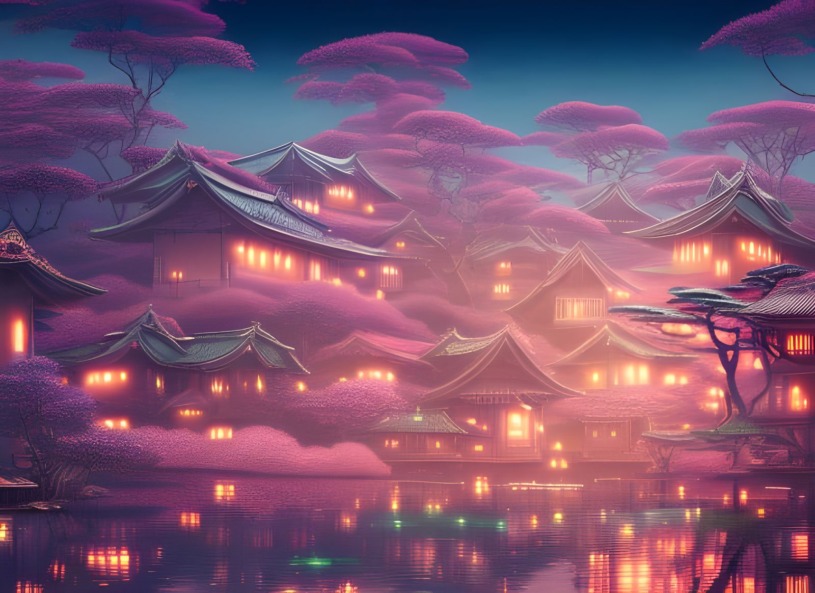 Pink Japanese Village with Luminous Sparkles