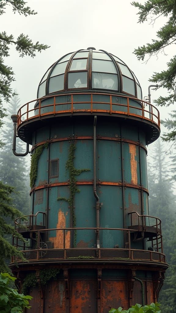 Steampunk Observatory in Misty Forest