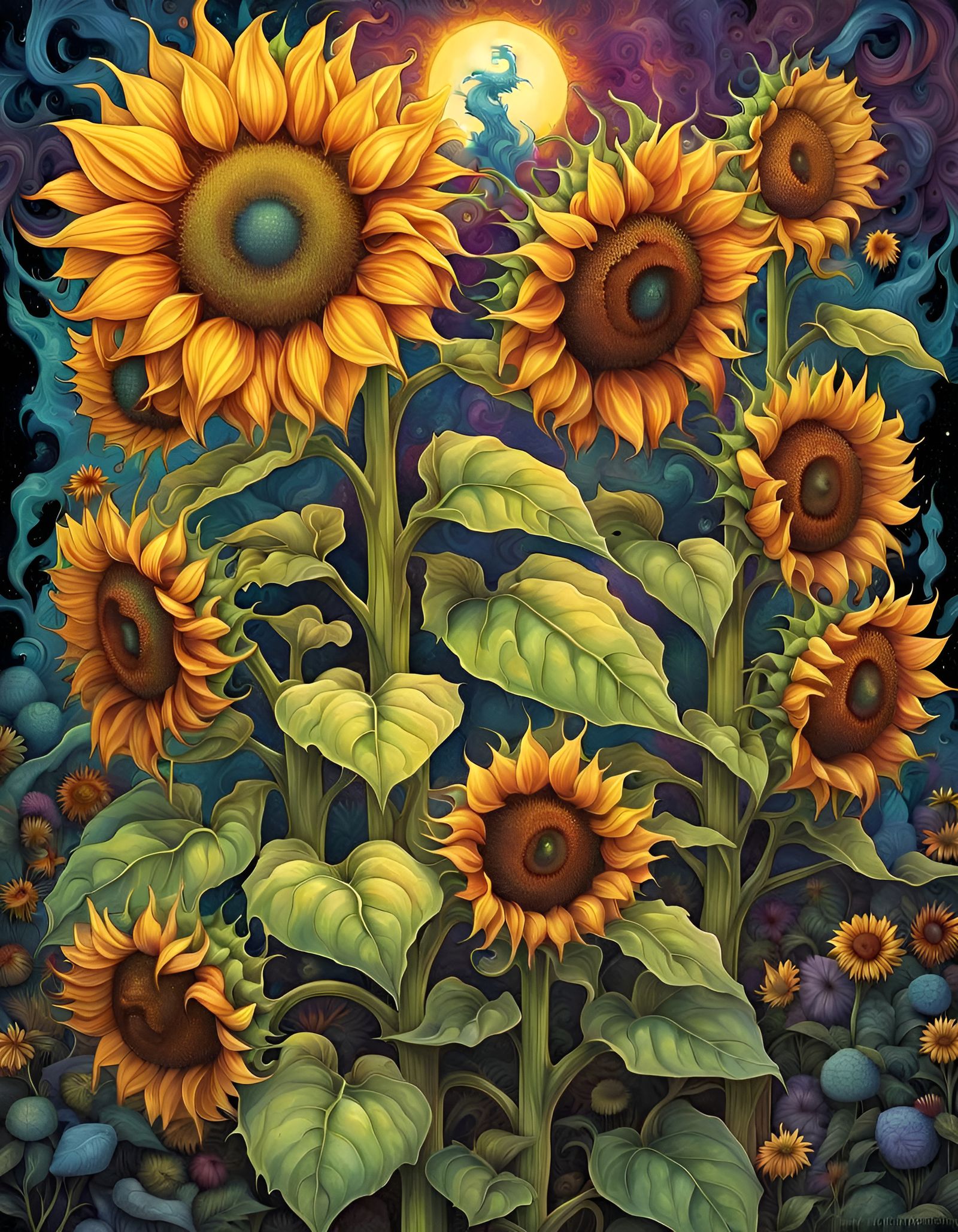 Psychedelic Sunflower Field Painting in Fantastic Realism