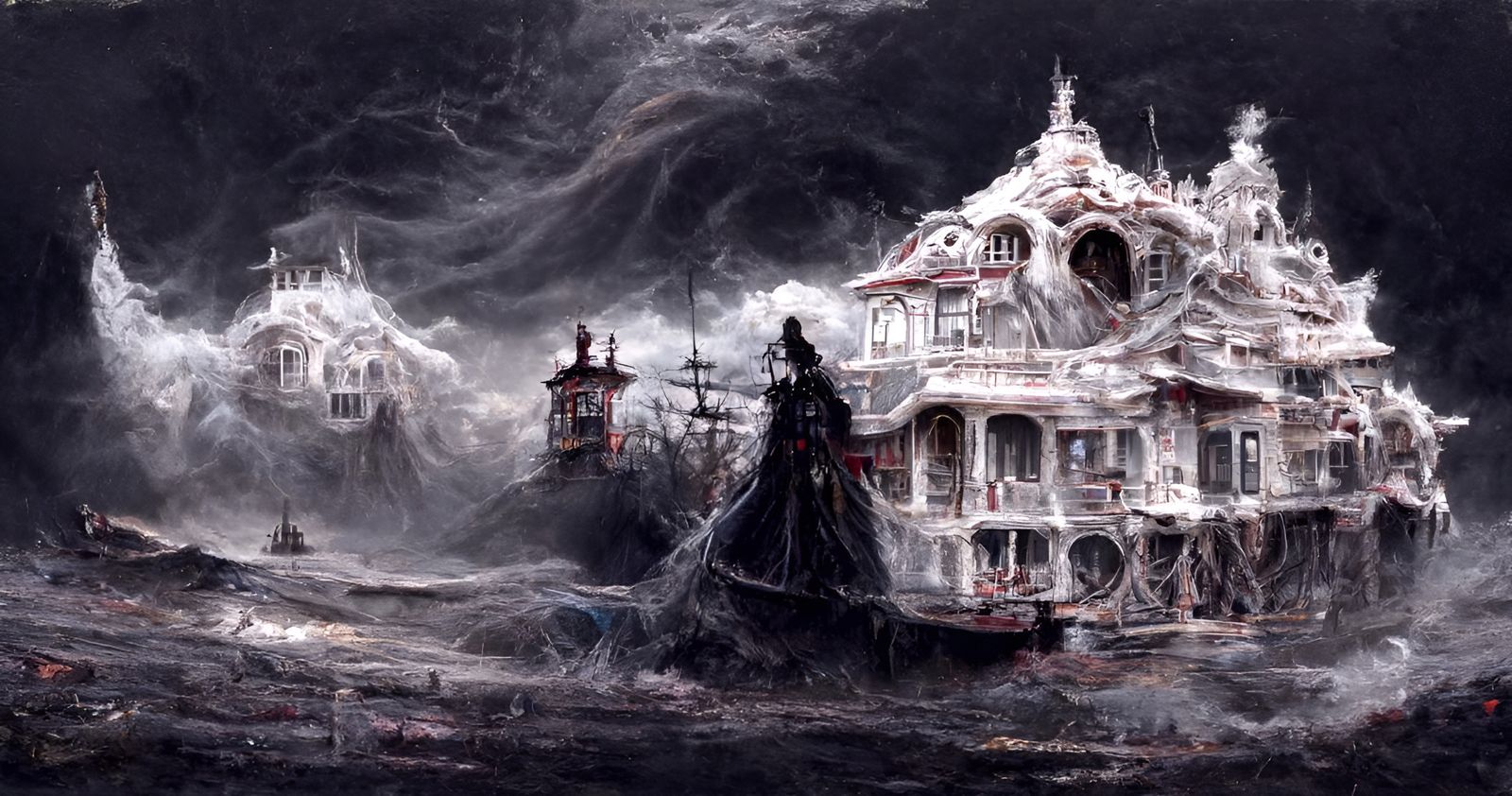 Eerie Victorian Pirate Ship House in Hyperrealism