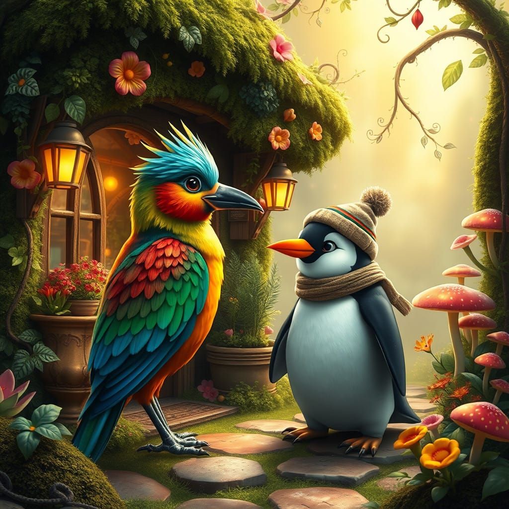 Vibrant Bird and Charming Penguin Discuss Whimsical Wonders
