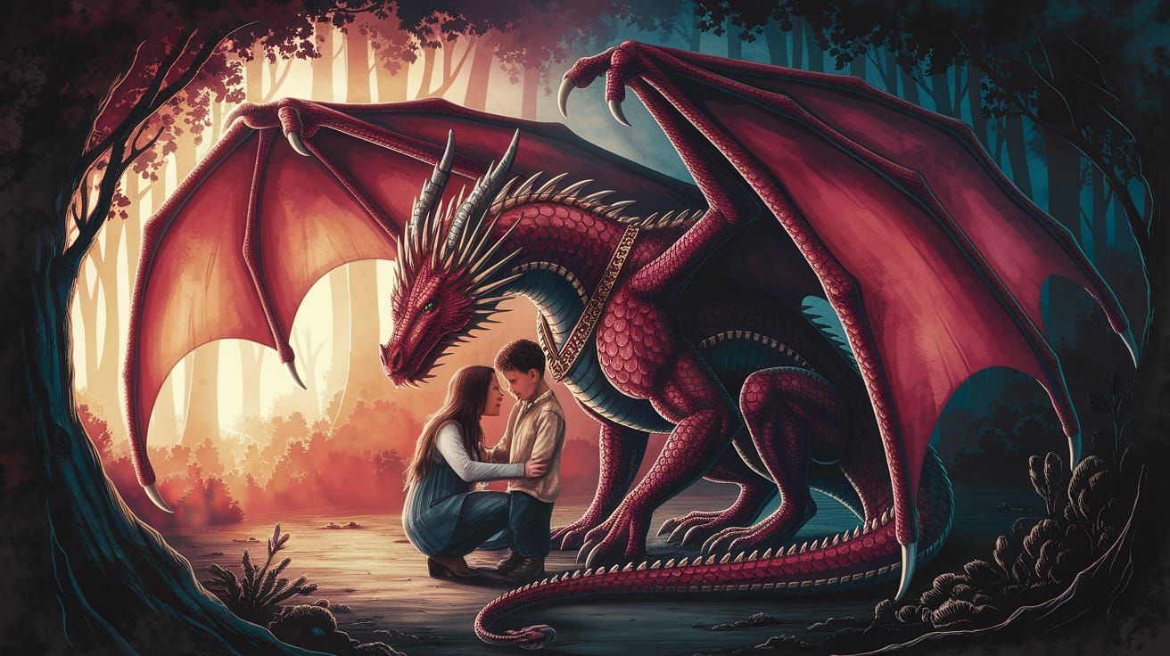 Red Dragon Shelters Family in Forest, Alcohol Ink Art