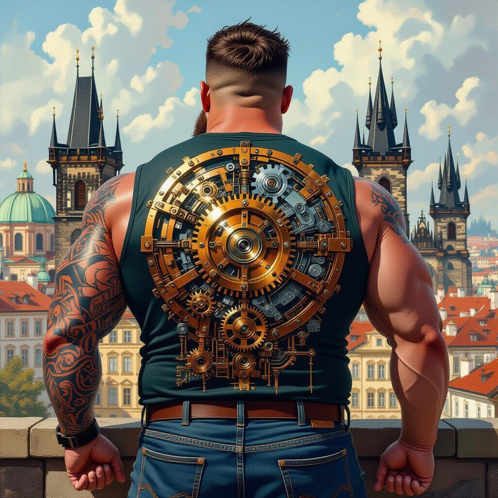 Machine Tattoo Design on Muscular Back, Oil Painting