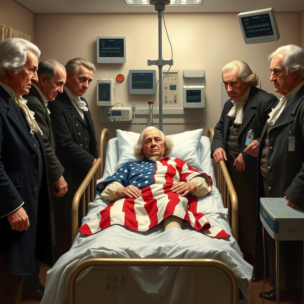 Founding Fathers Gather Around Uncle Sam in the ICU