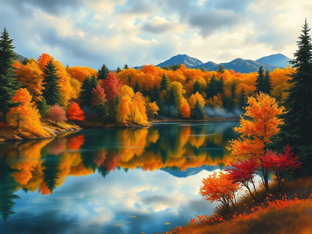 Beautiful Autumn Lakeside Landscape in Alcohol Ink Style