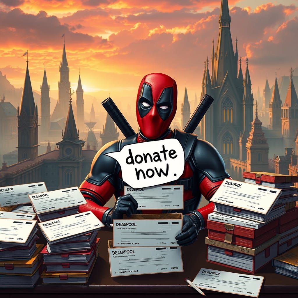 Deadpool Seeks Donations in Vibrant Cityscape