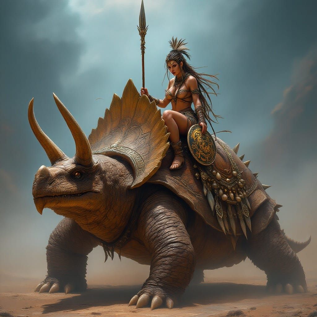 Barbarian Warrior on Armored Triceratops-Tortoise Hybrid