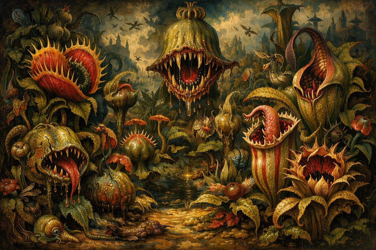 Surreal Garden of Carnivorous Plants in Bosch's Style