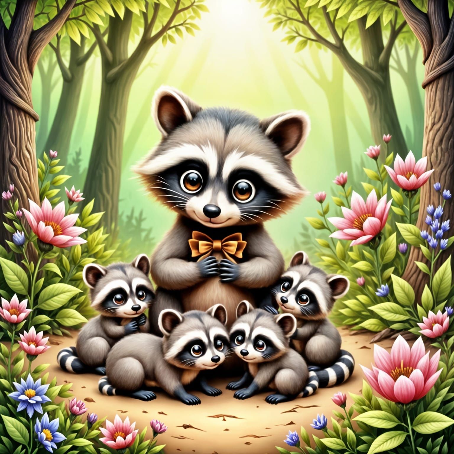 Cute Raccoon with Her Four Little Kits