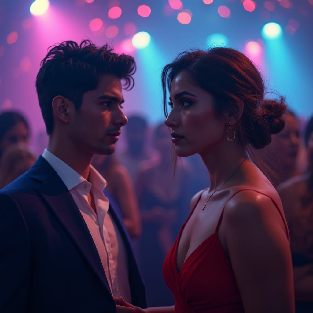 Dramatic Hindi Romance Scene with Party and Fate Motifs