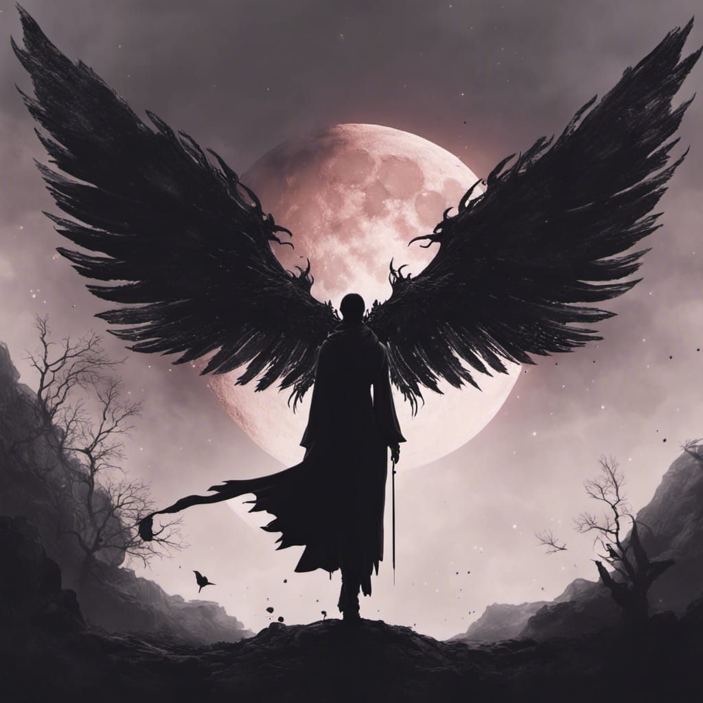 Winged Silhouette Against Moon in Detailed Matte Painting