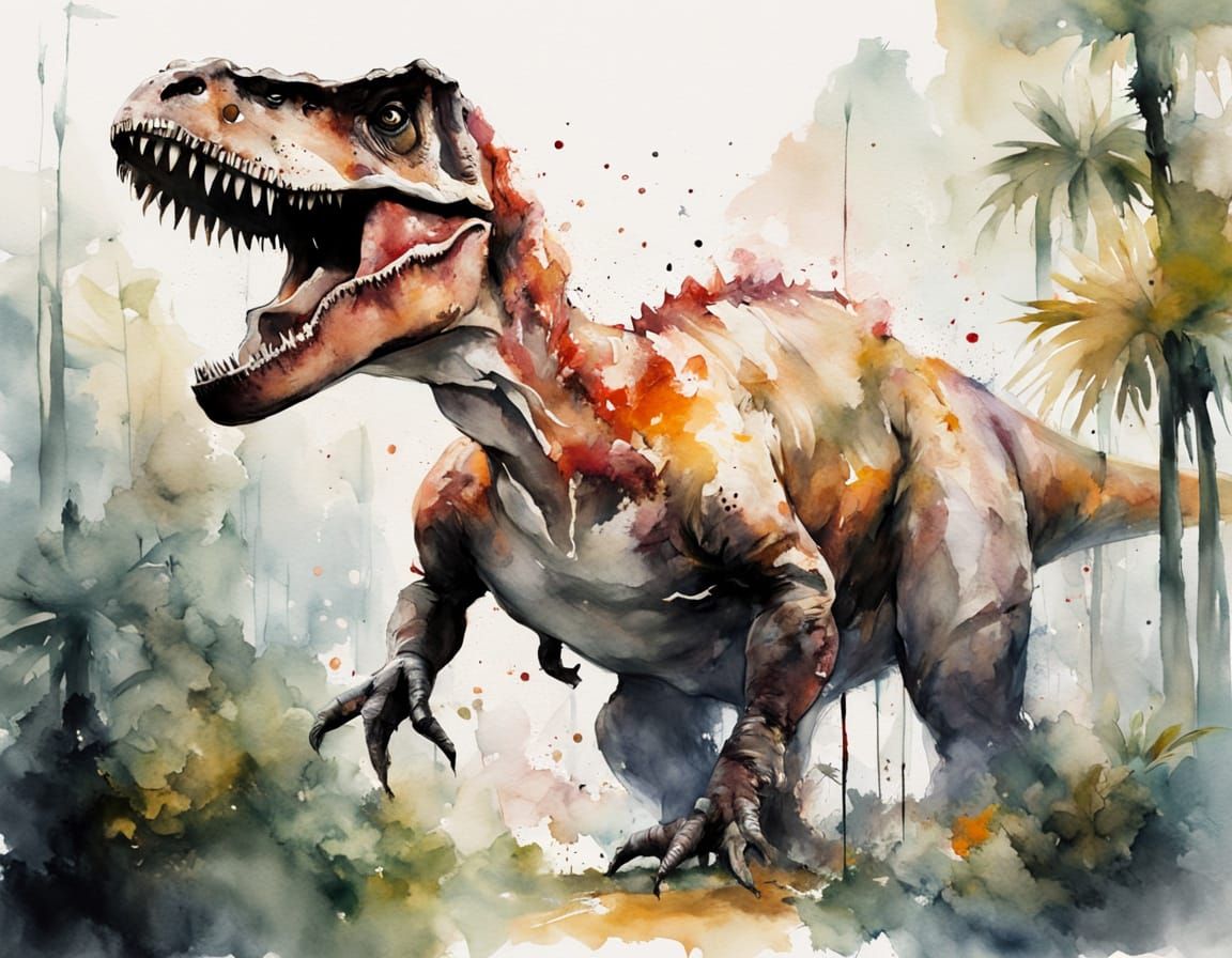 Huge Tyrannosaurus Rex in Tropical Watercolor