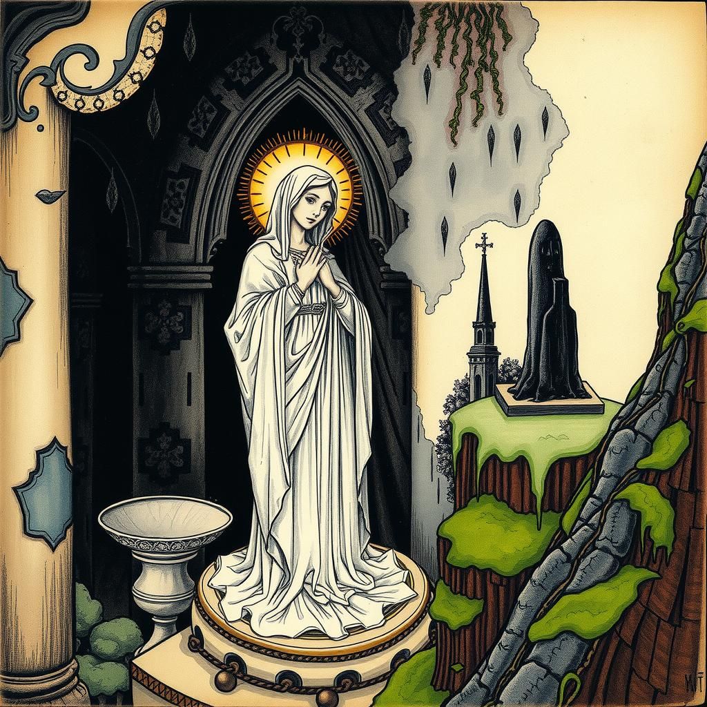 Virgin Mary in Grotto: Renaissance Parchment Drawing