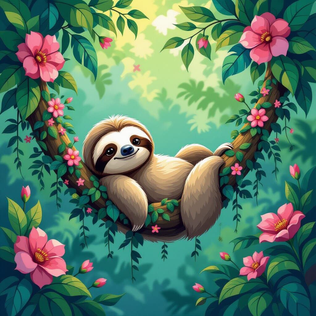 Whimsical Sloth in Lush Tropical Garden