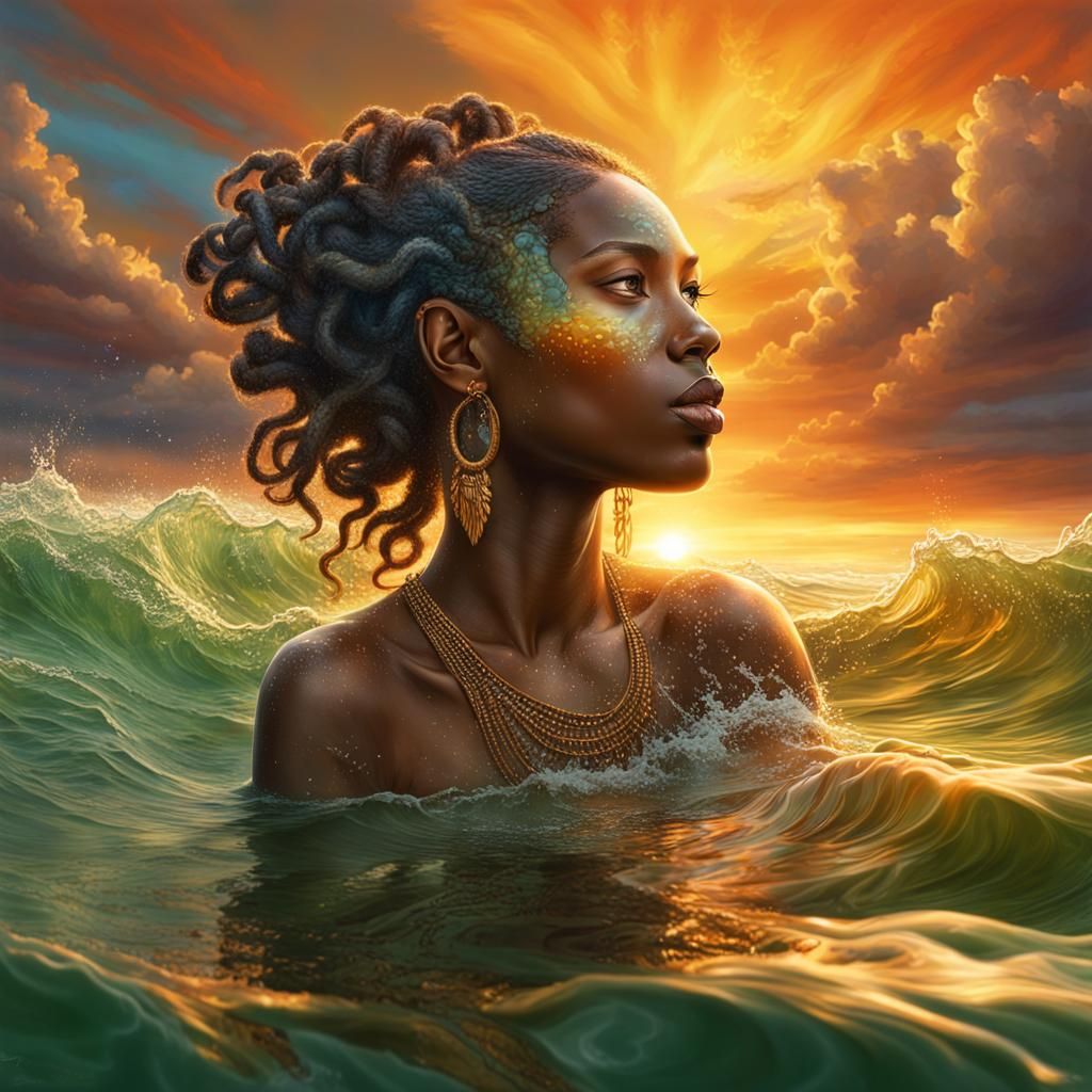 African American Fairy Emerges from Water: Hyperrealistic Ph...