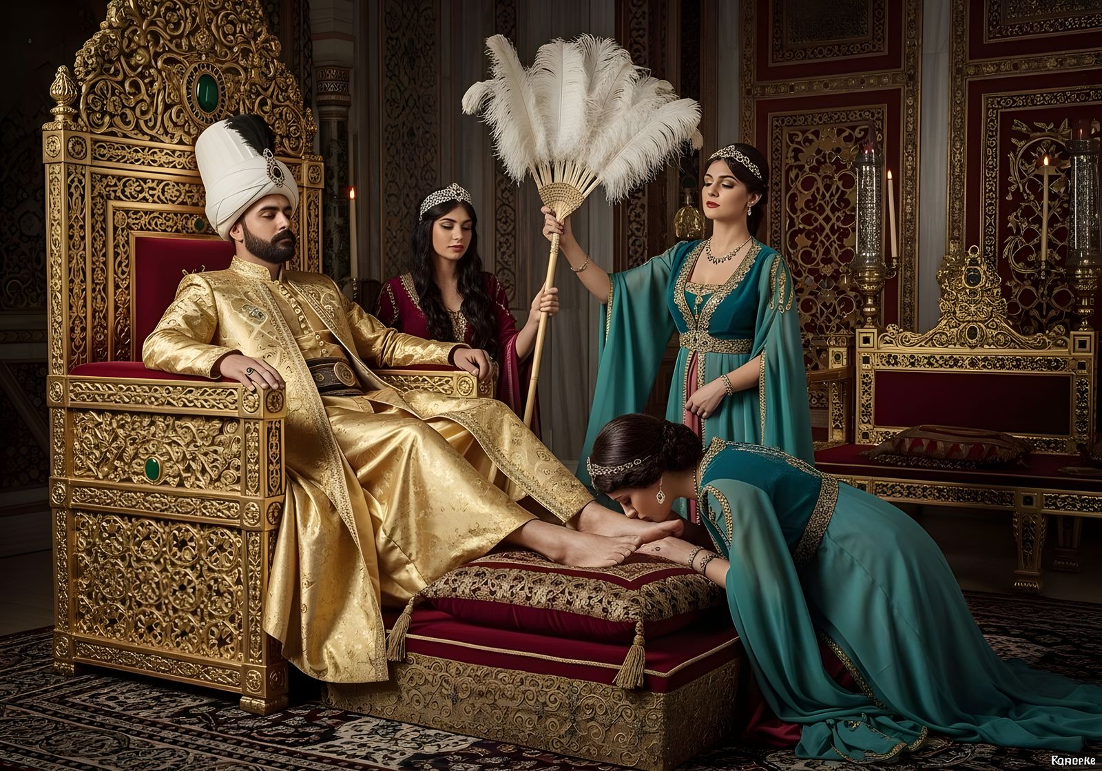 Opulent Ottoman Sultan on Jeweled Throne
