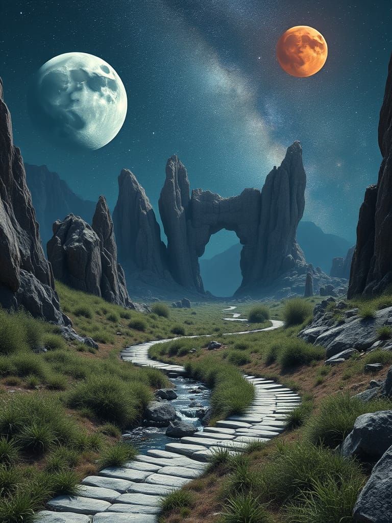 Ethereal Landscape with Serpentine Path and Crystalline Broo...