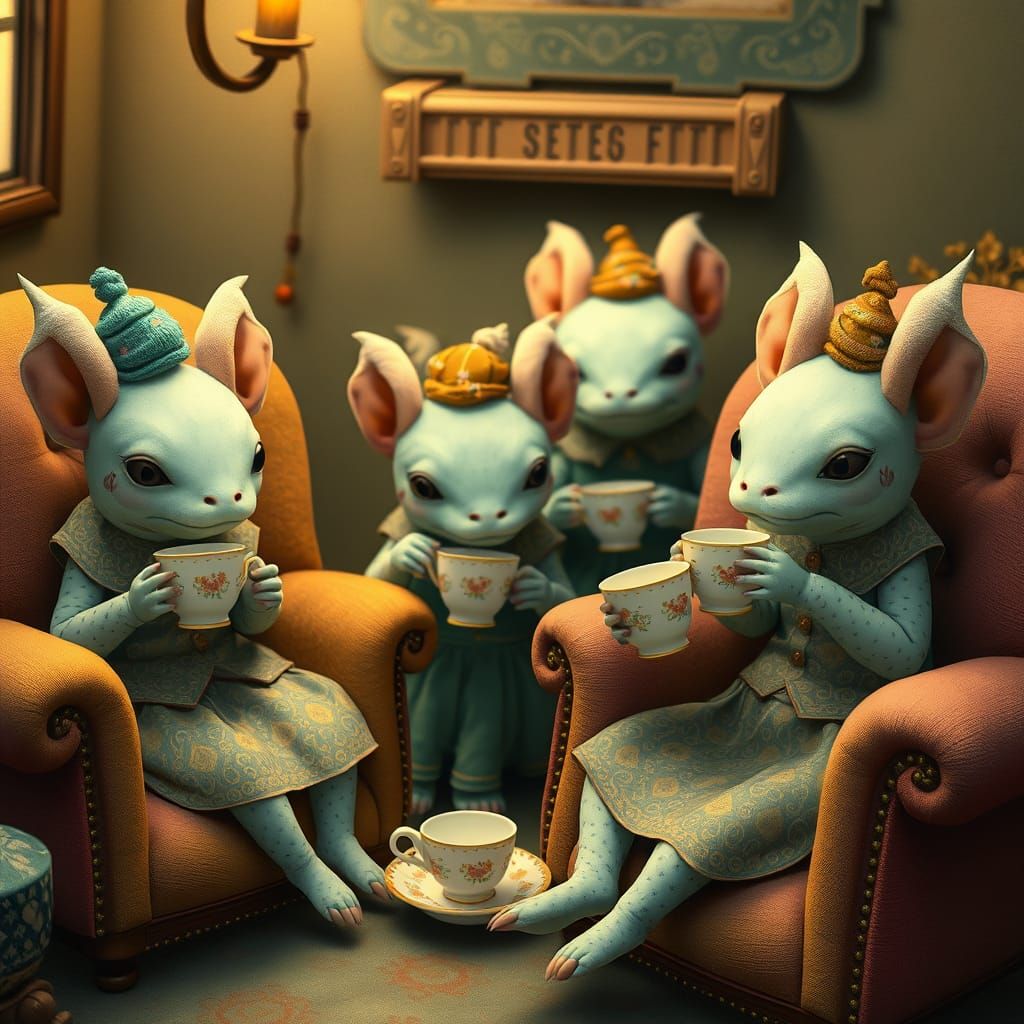 Whimsical Axolotls Enjoy Tea Party