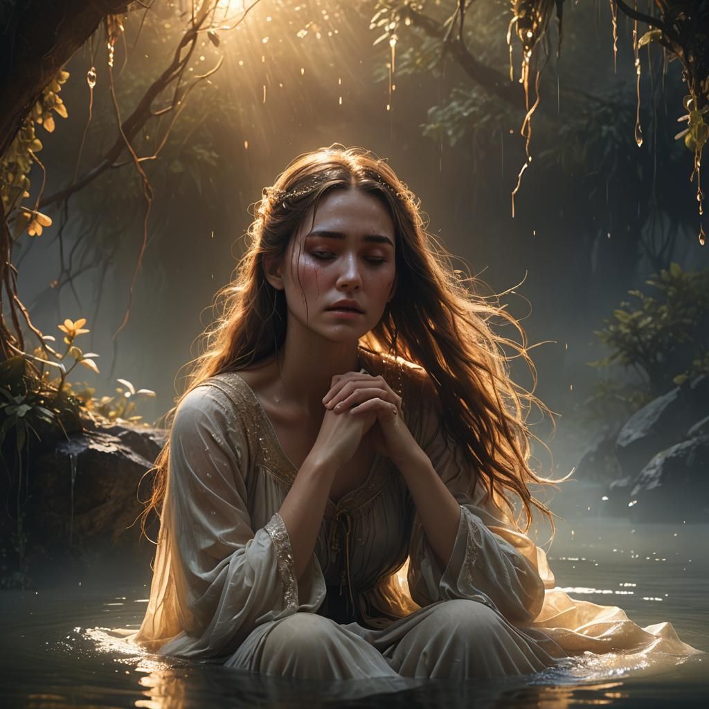 Girl Weeping Tears in Golden Hour Lighting