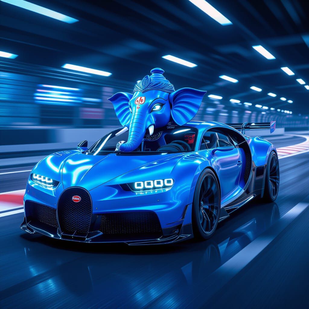 Futuristic Bugatti Ganesha on Racetrack, Cinematic Lighting