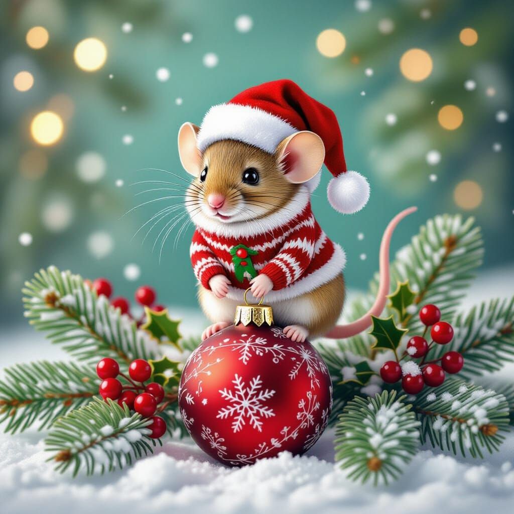 Cute Mouse in Santa Hat on Ornament